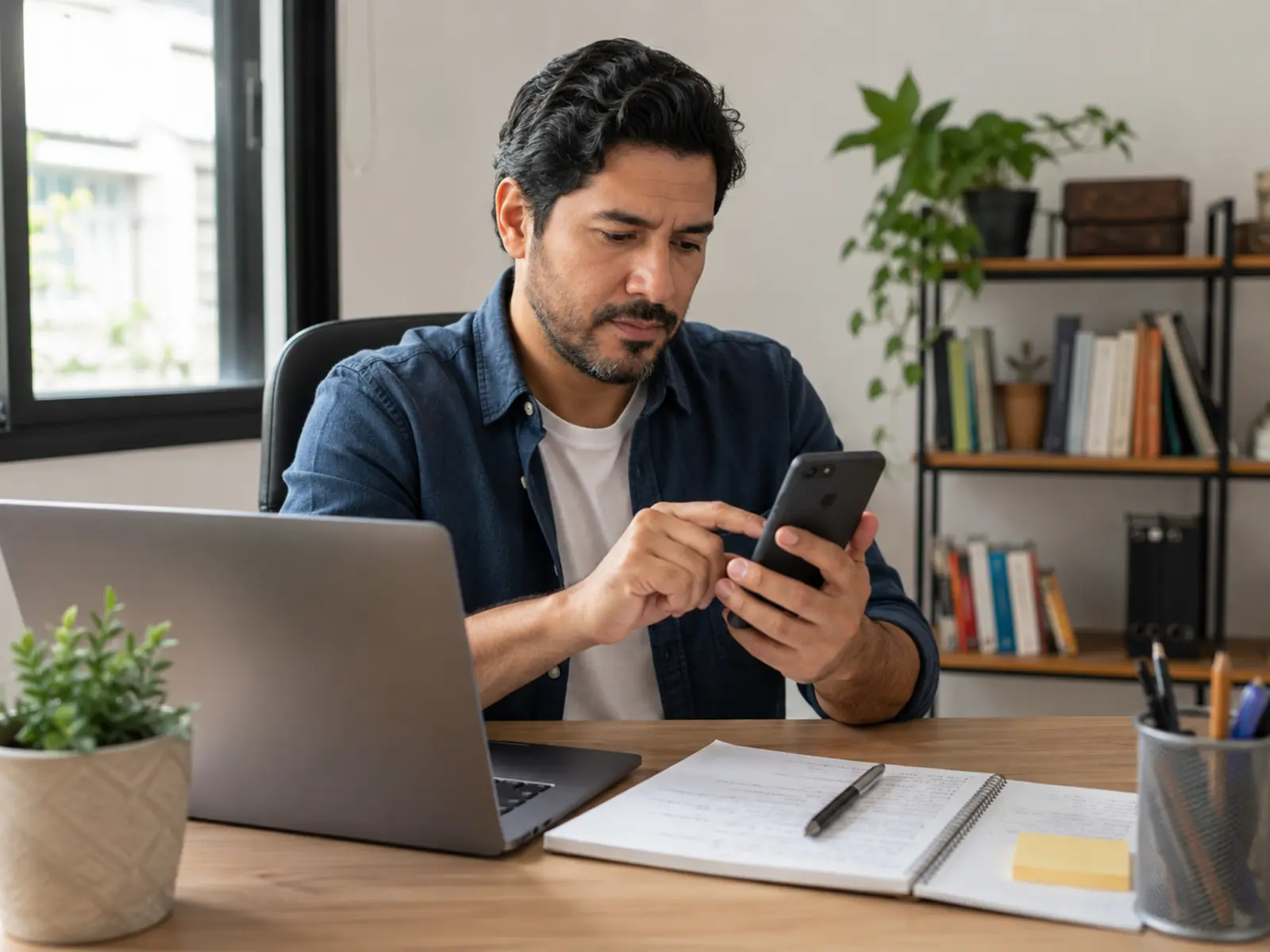 Profissional configura autenticação em dois fatores no celular enquanto mantém informações de recuperação organizadas ao lado do notebook