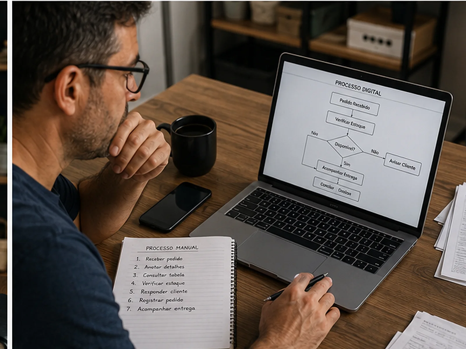 Empreendedor compara um fluxo manual em papel com um processo digital aberto no notebook antes de decidir automatizar