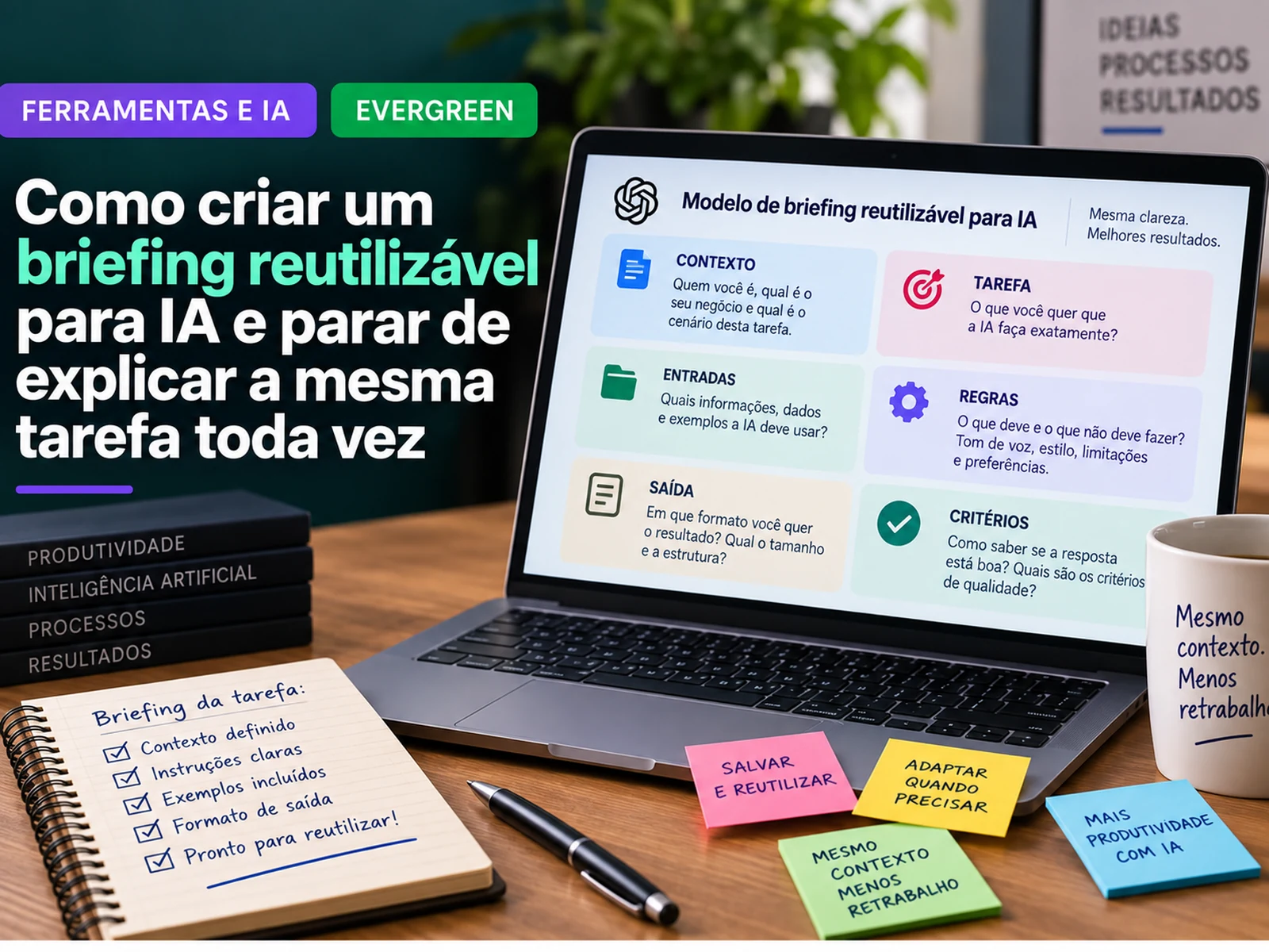 Modelo de briefing reutilizável para IA dividido em contexto, tarefa, entradas, regras, saída e critérios