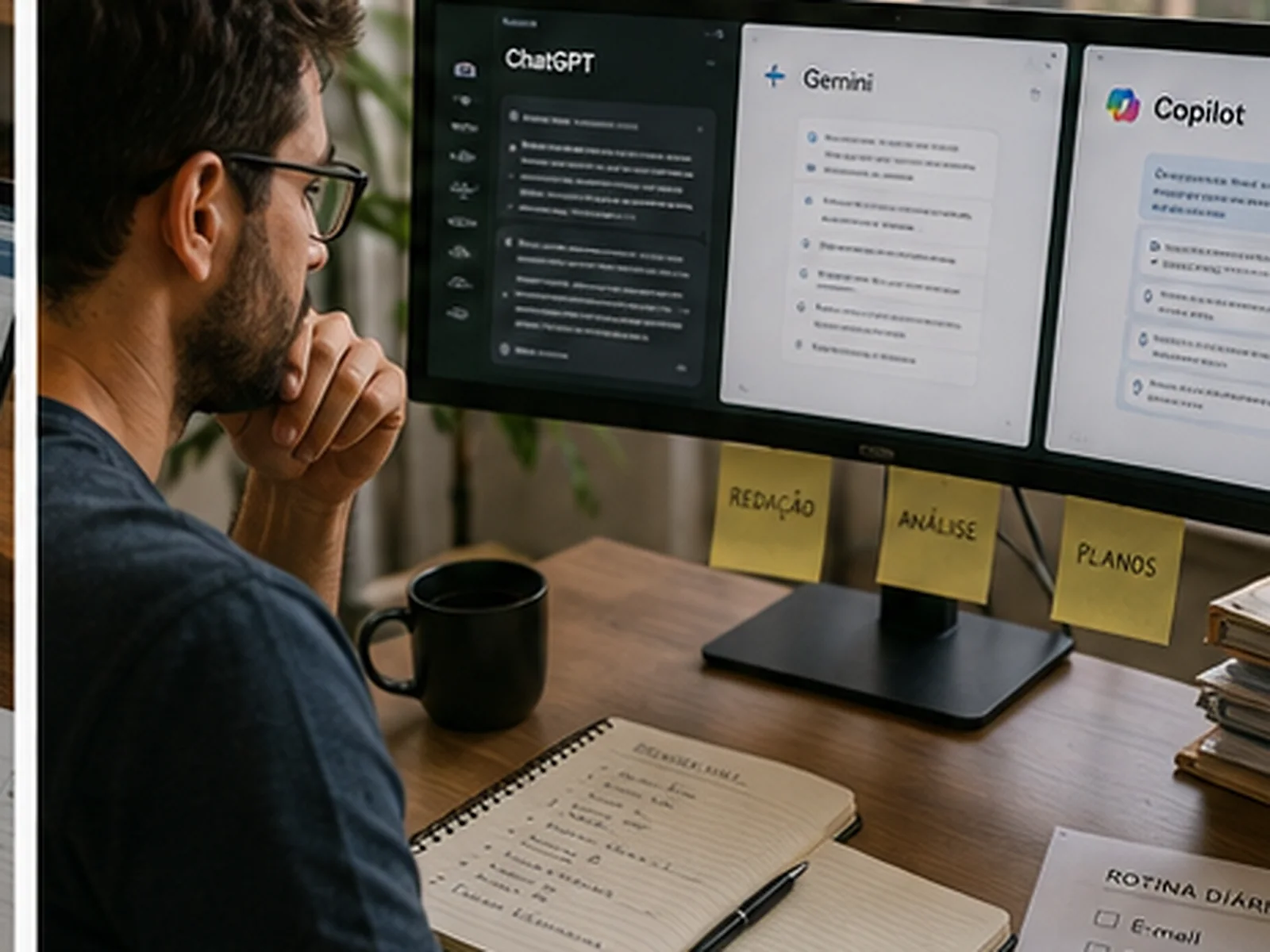 Profissional compara diferentes assistentes de IA em um ambiente de trabalho com notebook, monitor e documentos da rotina