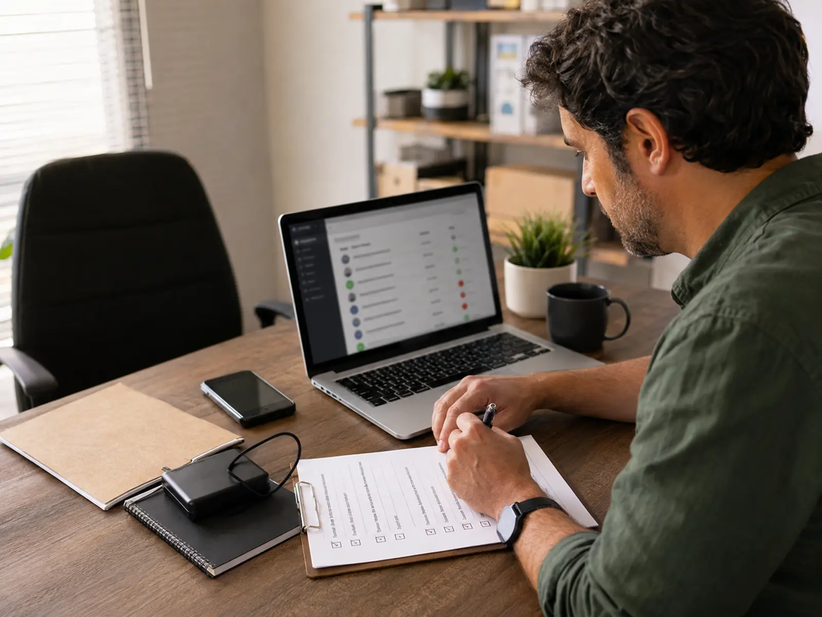 Dono de pequeno negócio revisa uma lista de acessos digitais no notebook e em papel enquanto uma cadeira vazia representa a saída de um colaborador