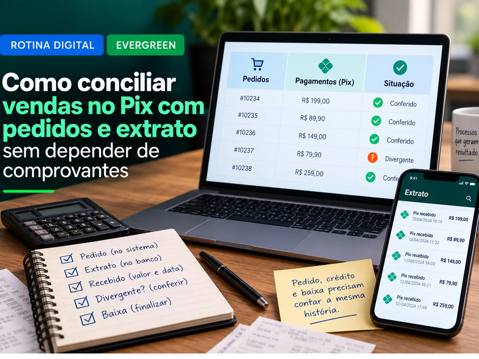 Pessoa conferindo pedidos e recebimentos Pix lado a lado em uma rotina simples de conciliação