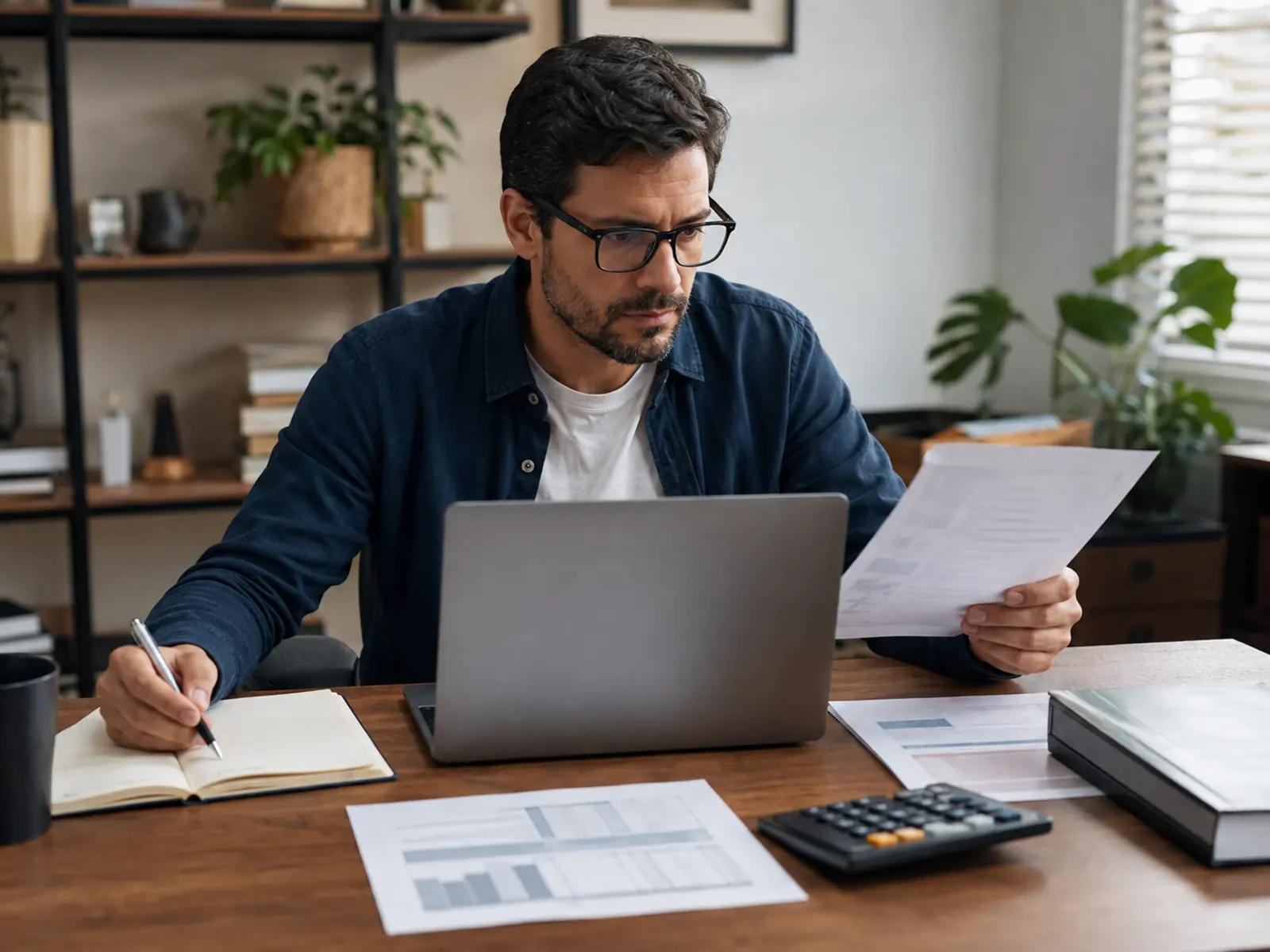 Profissional compara criticamente uma resposta de inteligência artificial no notebook com documentos e fontes oficiais abertas em outra tela