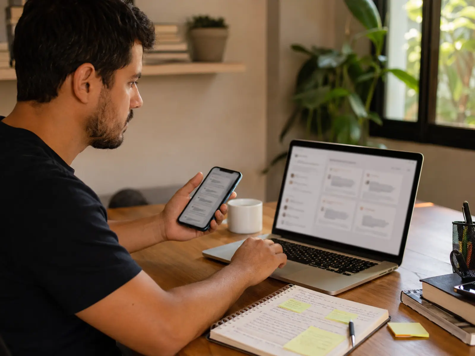 Criadora revisa mensagens reais de clientes e autorizações antes de selecionar depoimentos para uma página de vendas no notebook