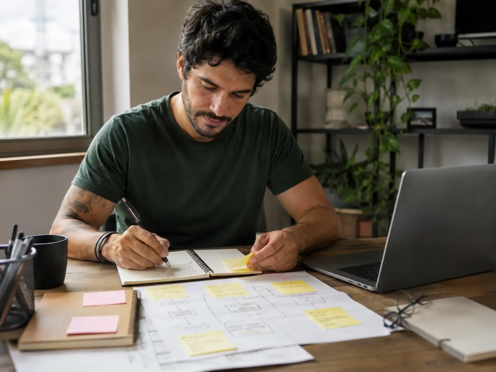Empreendedor transforma anotações de uma rotina real em procedimento e checklist estruturado com apoio de inteligência artificial no notebook