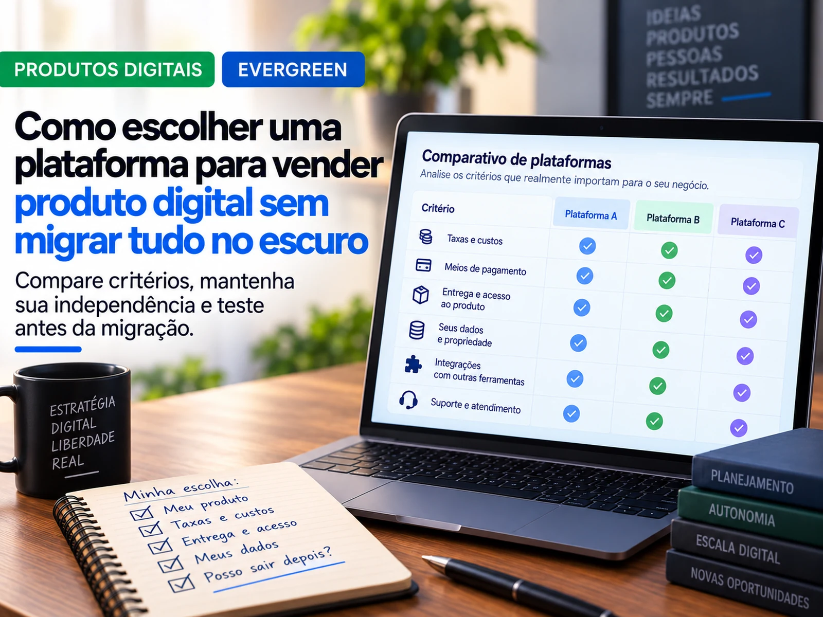 Comparativo genérico de plataformas de produto digital por taxas, pagamentos, entrega, dados, integrações e suporte