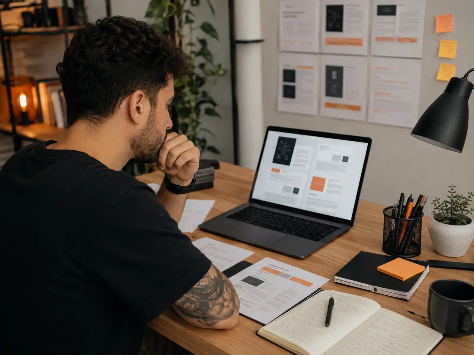 Criadora de produto digital revisa uma página de vendas no notebook e compara blocos de oferta, prova e checkout com materiais impressos do produto