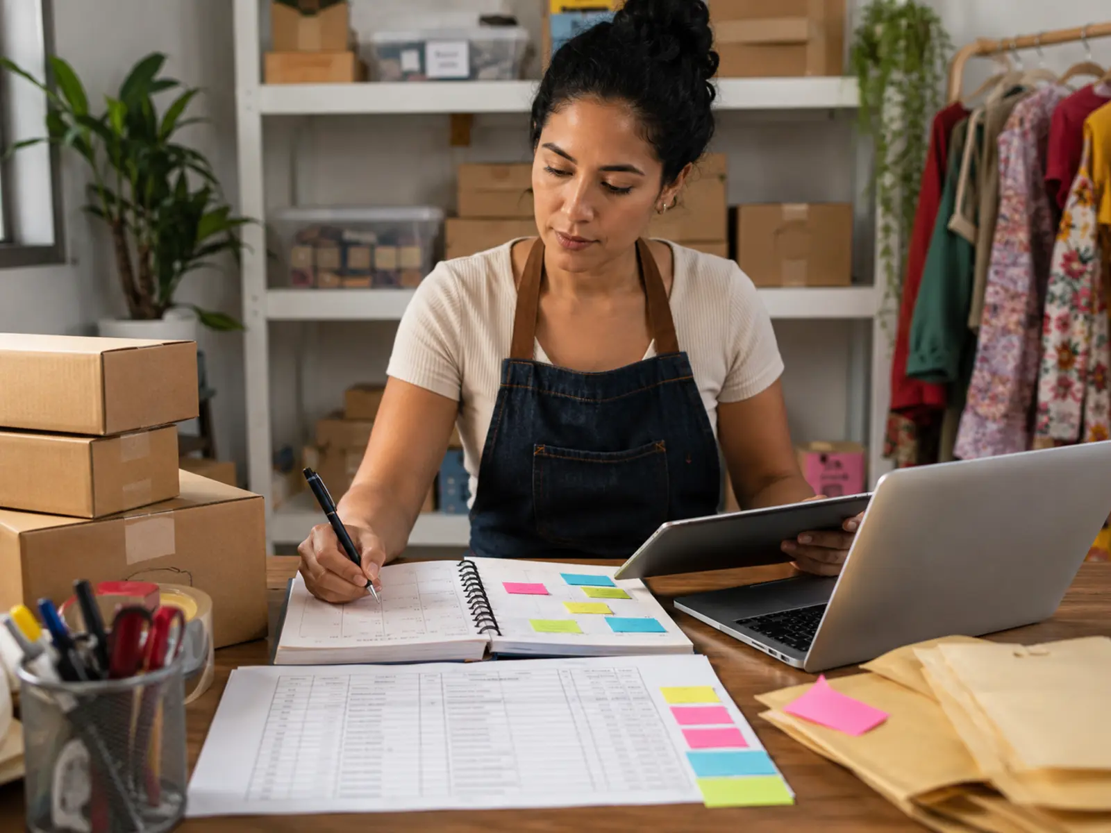 Empreendedora organiza pedidos, prazos e entregas usando agenda, computador e materiais do negócio