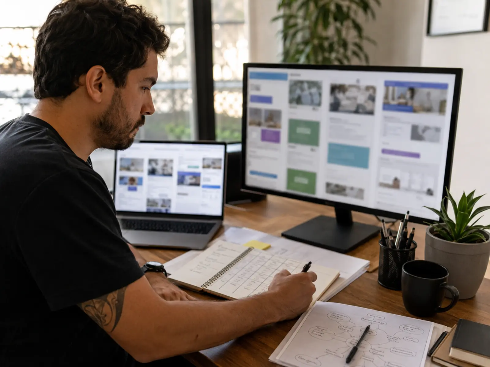 Empreendedor pesquisa sites de concorrentes e preenche uma matriz comparativa enquanto usa inteligência artificial apenas para organizar as evidências coletadas