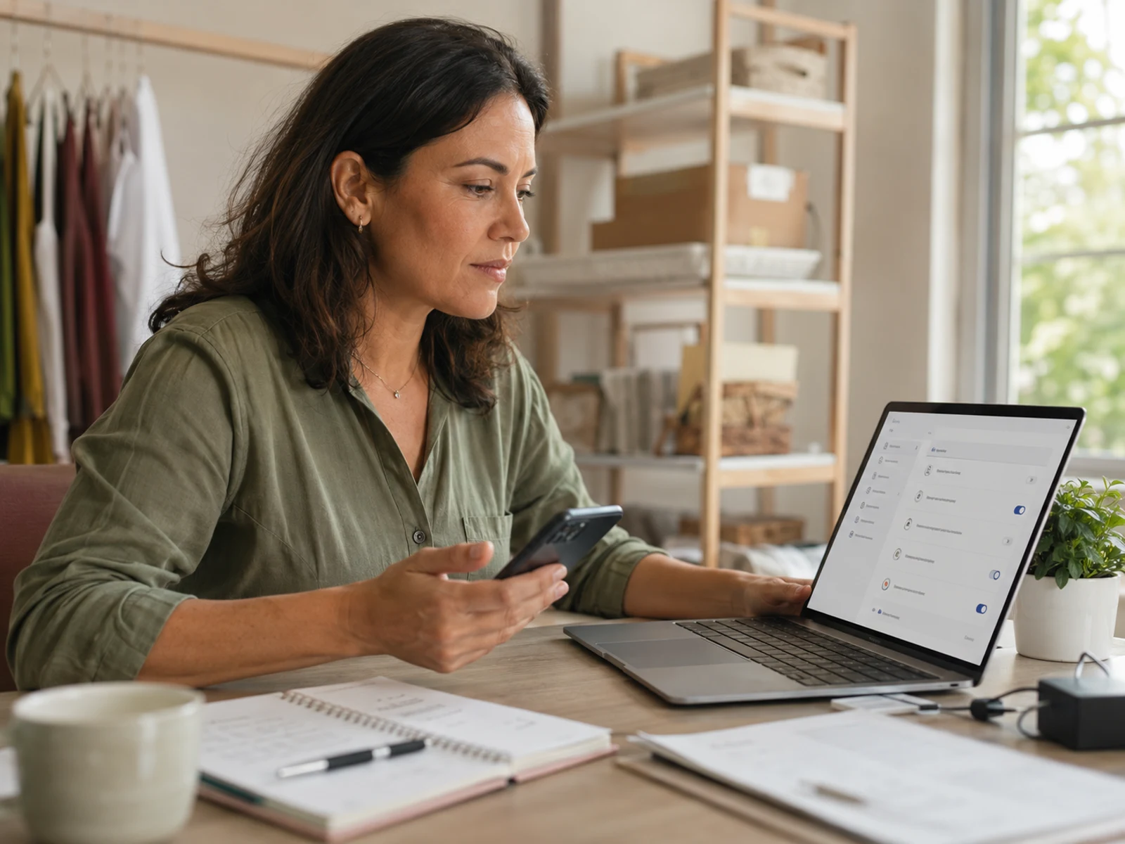 Profissional autônoma revisa a segurança digital do negócio no notebook e no celular em um ambiente de trabalho doméstico