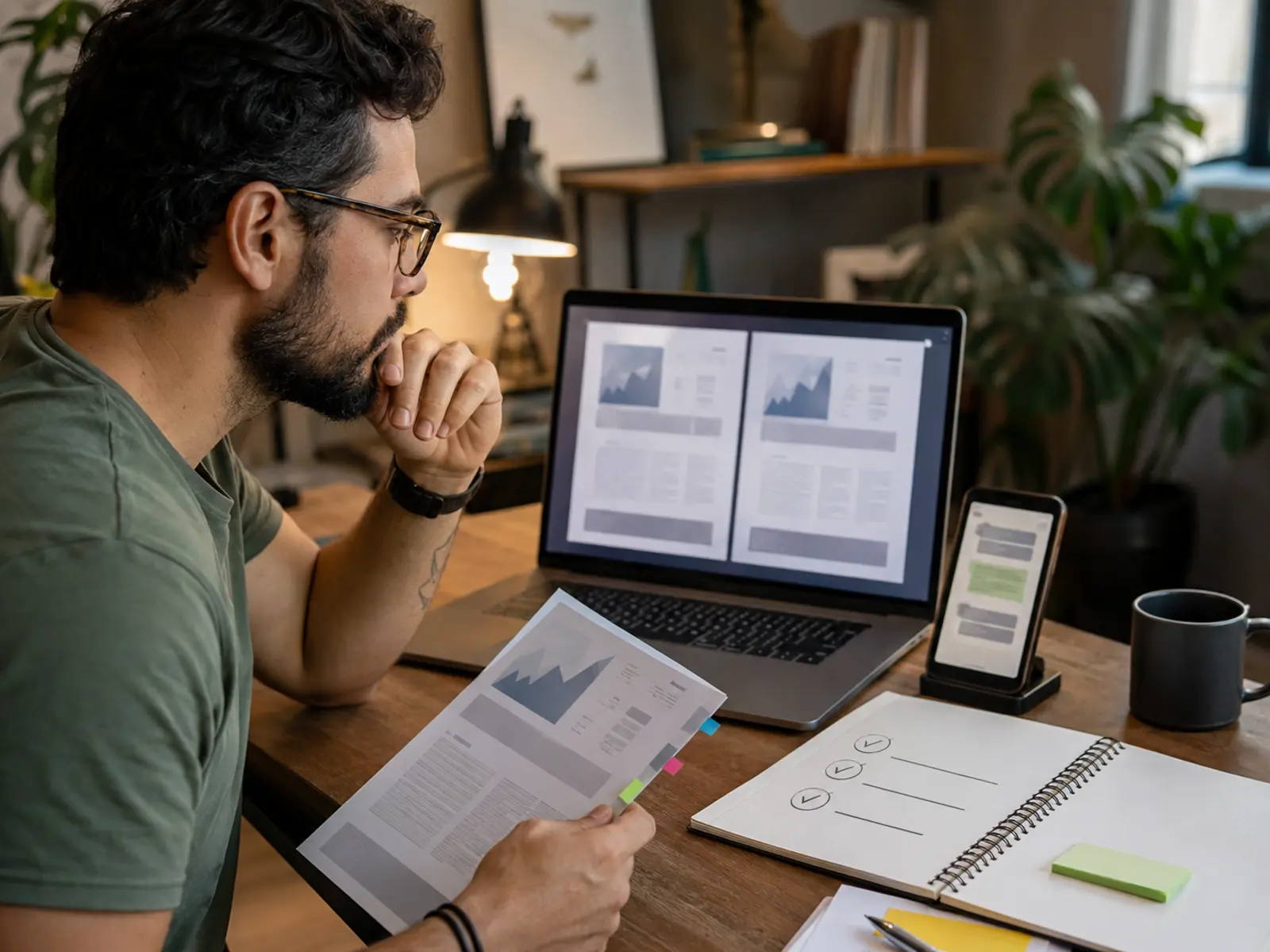 Freelancer compara duas versões de um projeto no notebook e anota impactos de prazo, preço e escopo antes de executar uma mudança pedida pelo cliente
