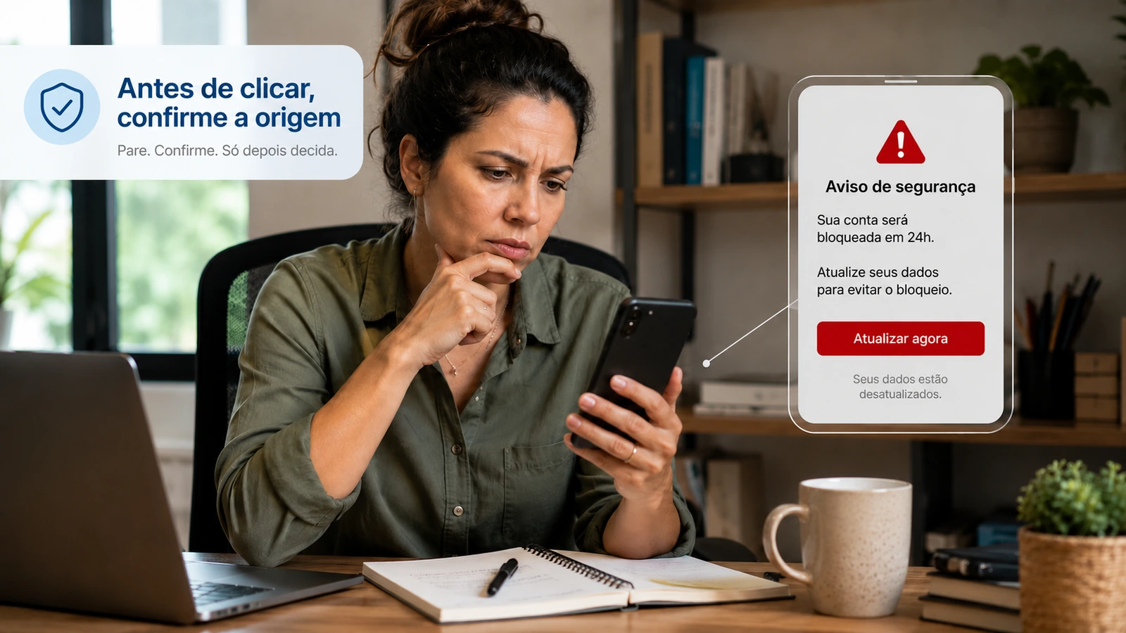 Profissional analisa uma mensagem suspeita de bloqueio de conta antes de clicar, enquanto um aviso orienta a confirmar a origem do contato