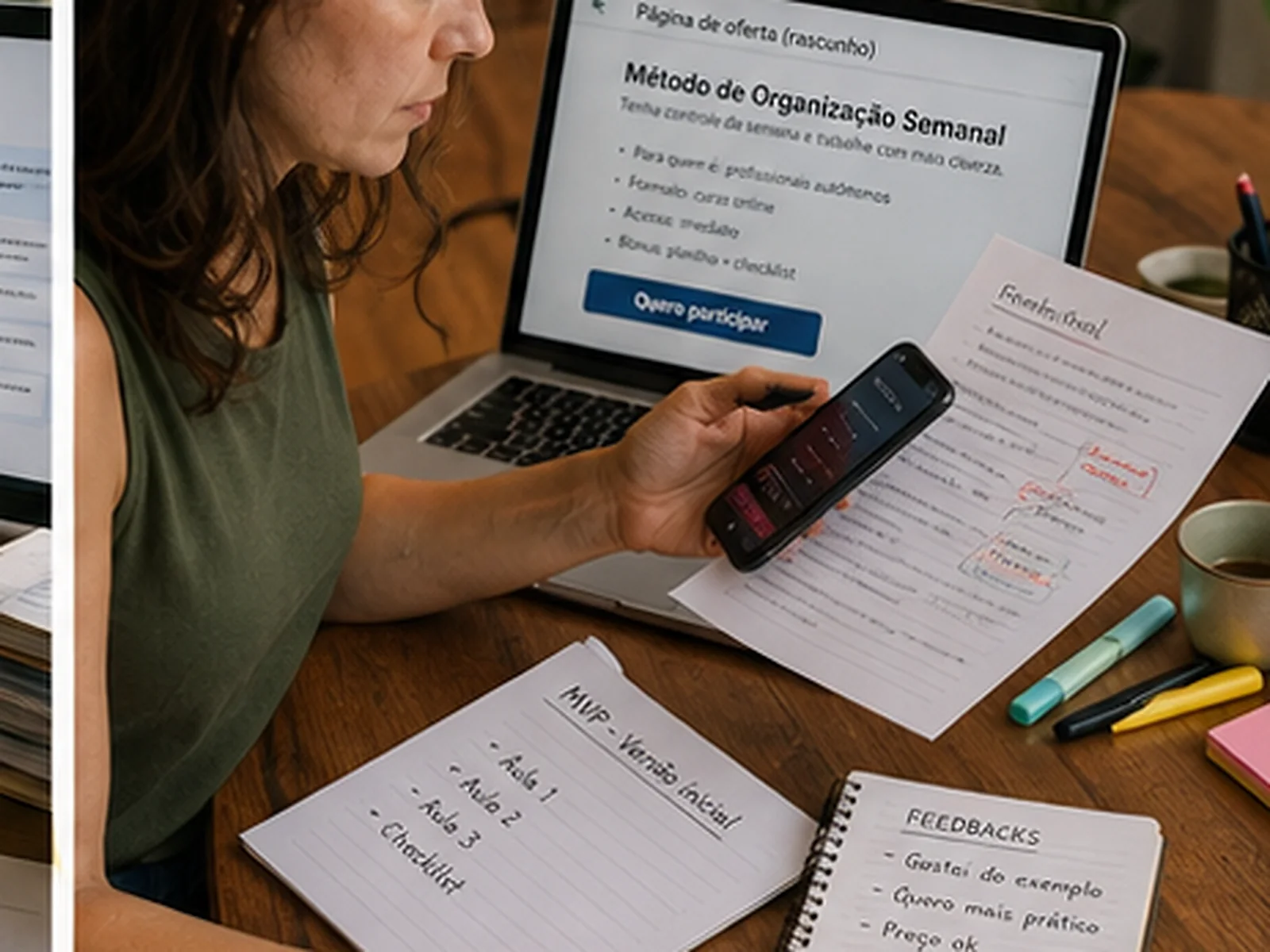 Criadora avalia um protótipo simples de infoproduto com notebook, páginas impressas e feedbacks recebidos no celular