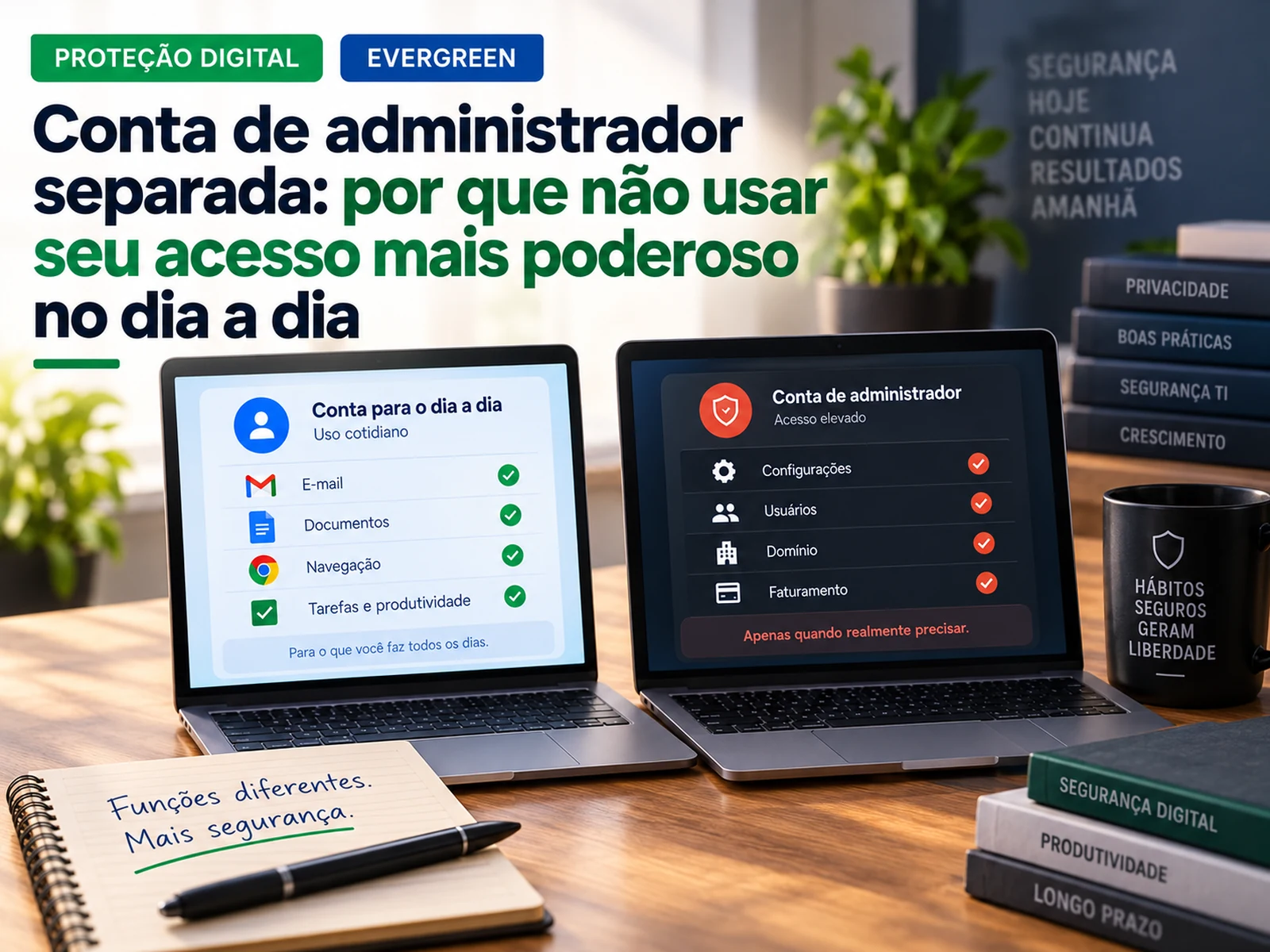 Duas contas separadas em computadores, uma para tarefas diárias e outra para administração com privilégios elevados
