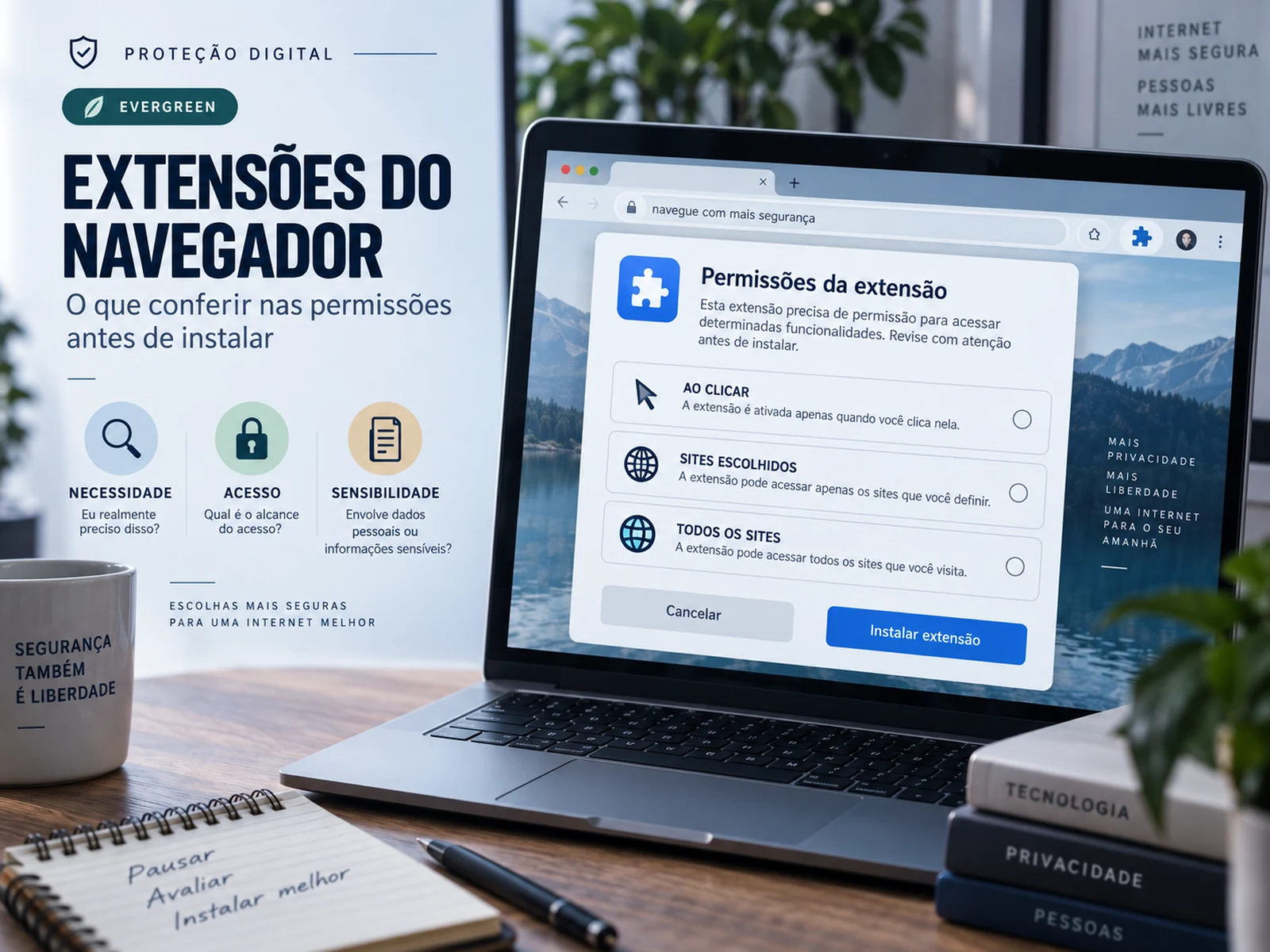 Tela de navegador comparando acesso da extensão ao clicar, em sites específicos e em todos os sites
