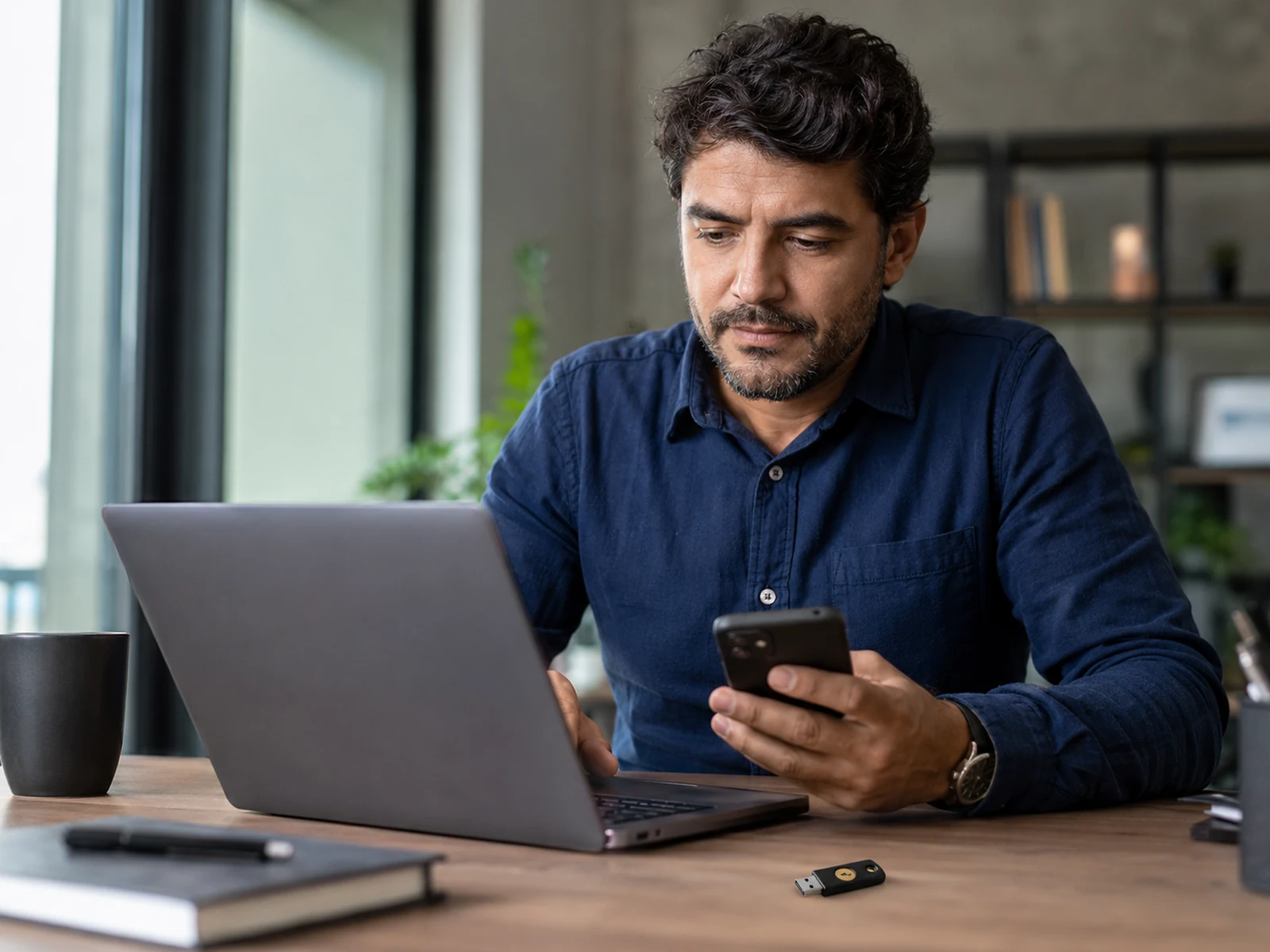 Profissional organiza acessos digitais no notebook e no celular com uma chave de segurança sobre a mesa