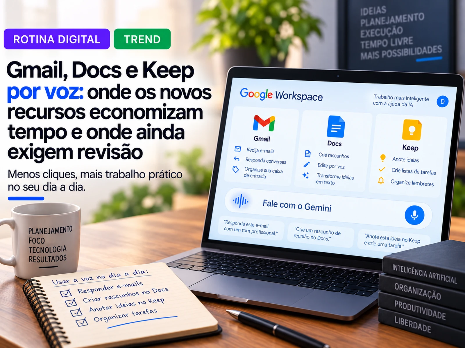 Notebook com Gmail, Docs e Keep em uma rotina de trabalho por voz, acompanhado de lista de tarefas