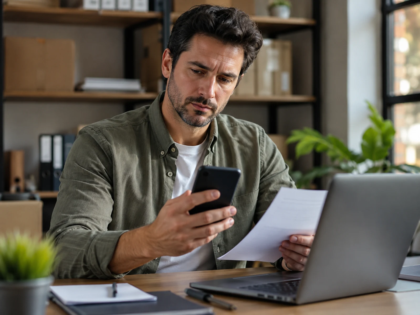 Profissional confere uma mensagem suspeita no celular antes de tomar uma decisão