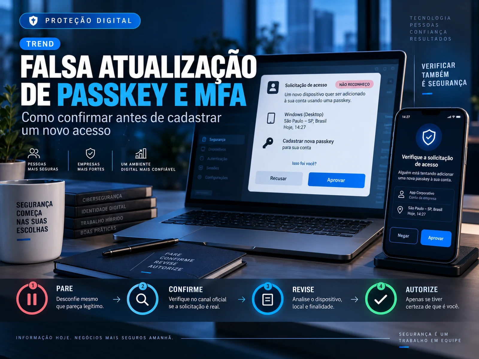 Alerta visual sobre falsa atualização de passkey e MFA com etapas para parar, confirmar a origem e só então alterar o acesso