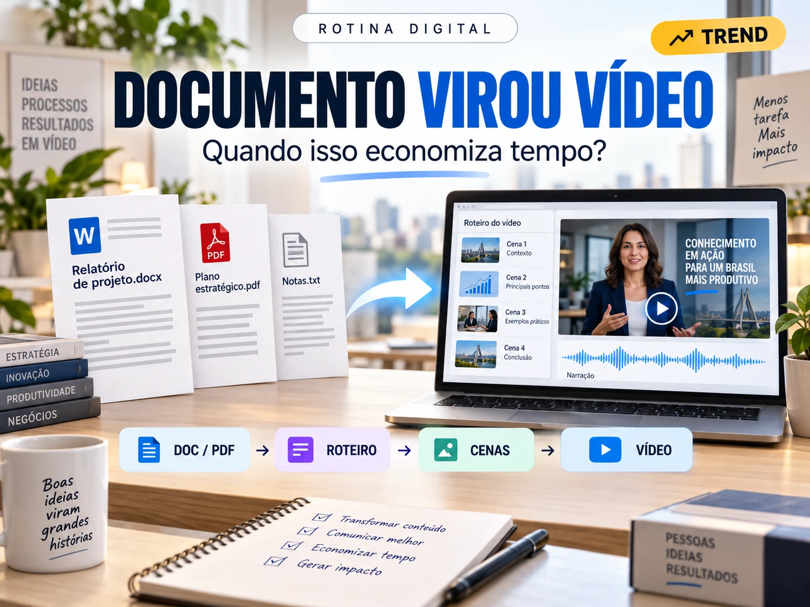 Documento PDF e arquivo do Word sendo transformados em vídeo com cenas, roteiro e narração em uma matriz de decisão