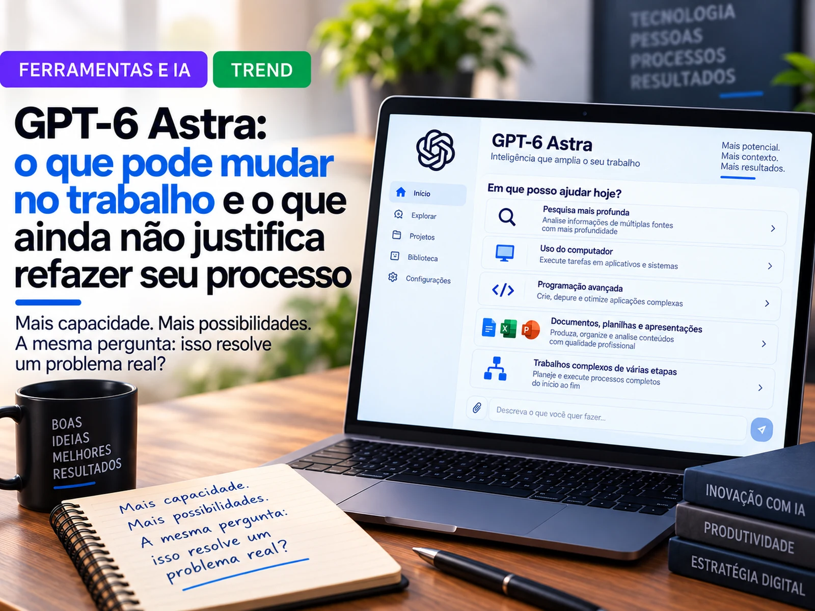 Tela de trabalho com GPT-6 Astra destacando pesquisa, uso do computador, programação e criação de documentos