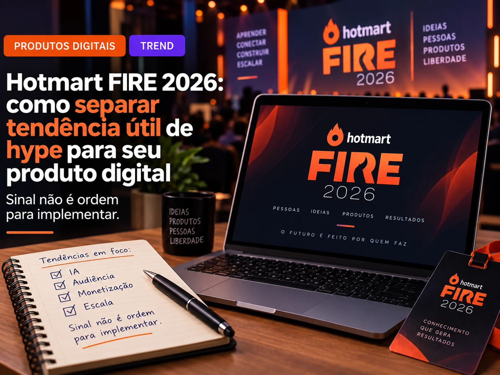 Criadora analisando anotações de tendências de produtos digitais antes de decidir o que testar