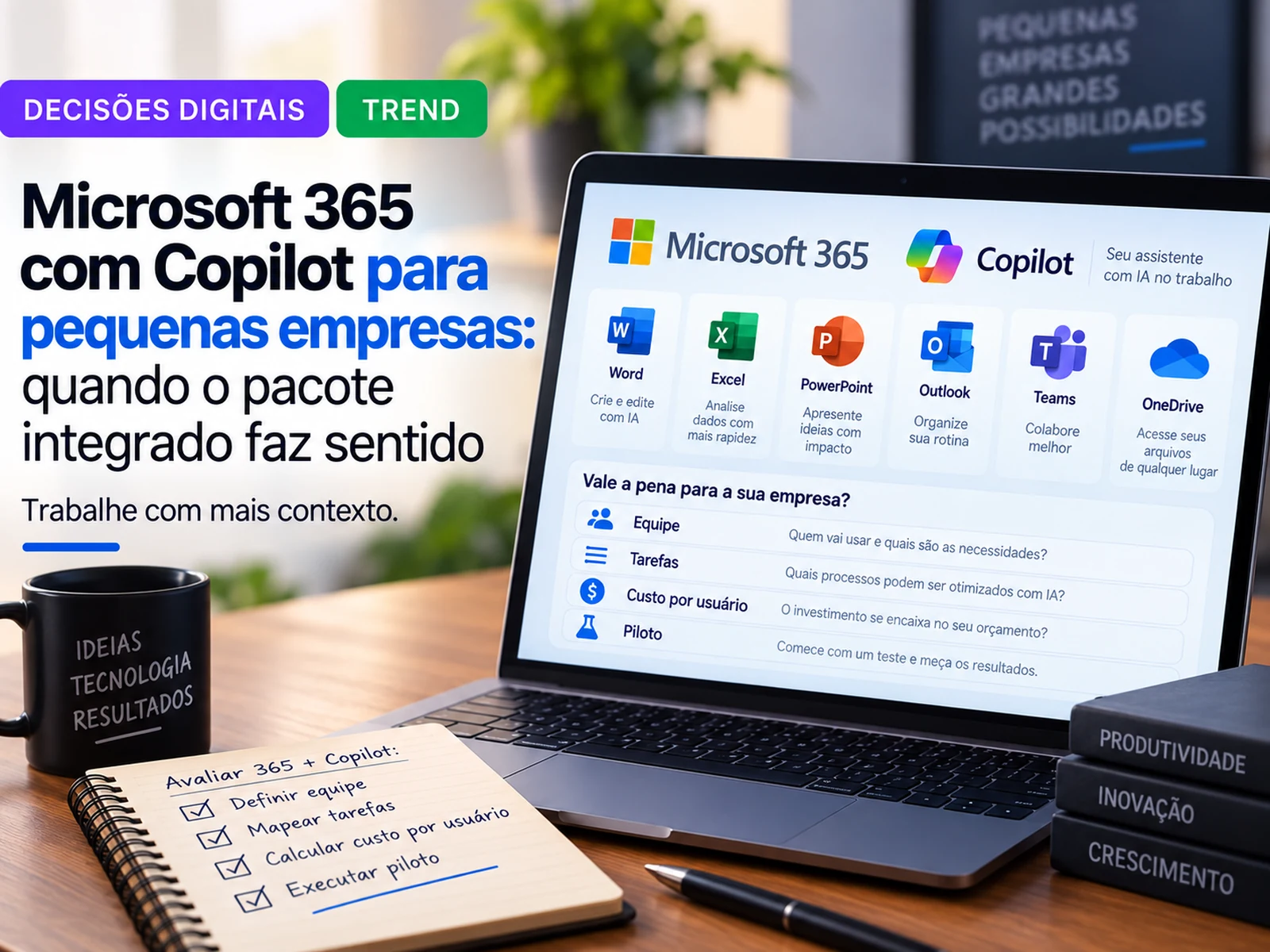 Notebook mostrando Microsoft 365 e Copilot com critérios de equipe, tarefas, custo e piloto para pequena empresa