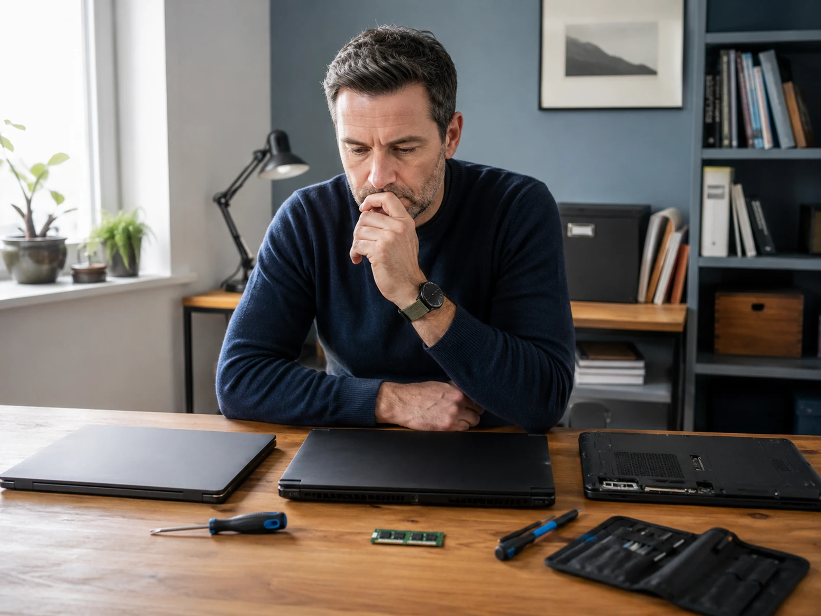 Profissional avaliando um notebook aberto ao lado de ferramentas e componentes