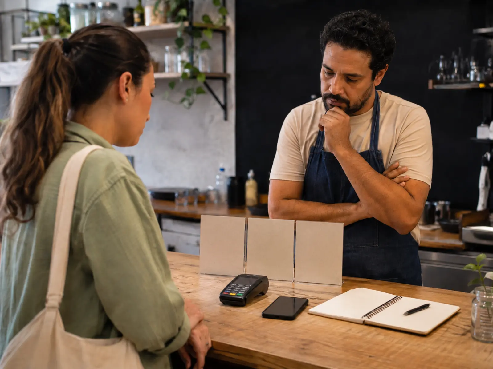 Pequeno comerciante avalia maquininha de cartão, celular e anotações financeiras diante de uma cliente no balcão