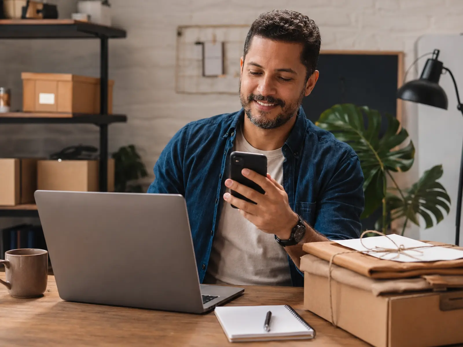 Profissional entra em contato com um cliente depois da entrega enquanto registra feedback e próxima ação numa lista simples no notebook
