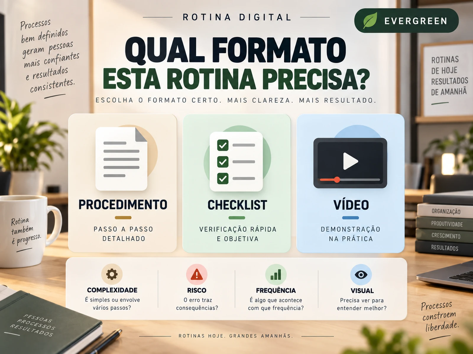 Três cartões comparando procedimento, checklist e vídeo por complexidade, risco, frequência e dependência visual