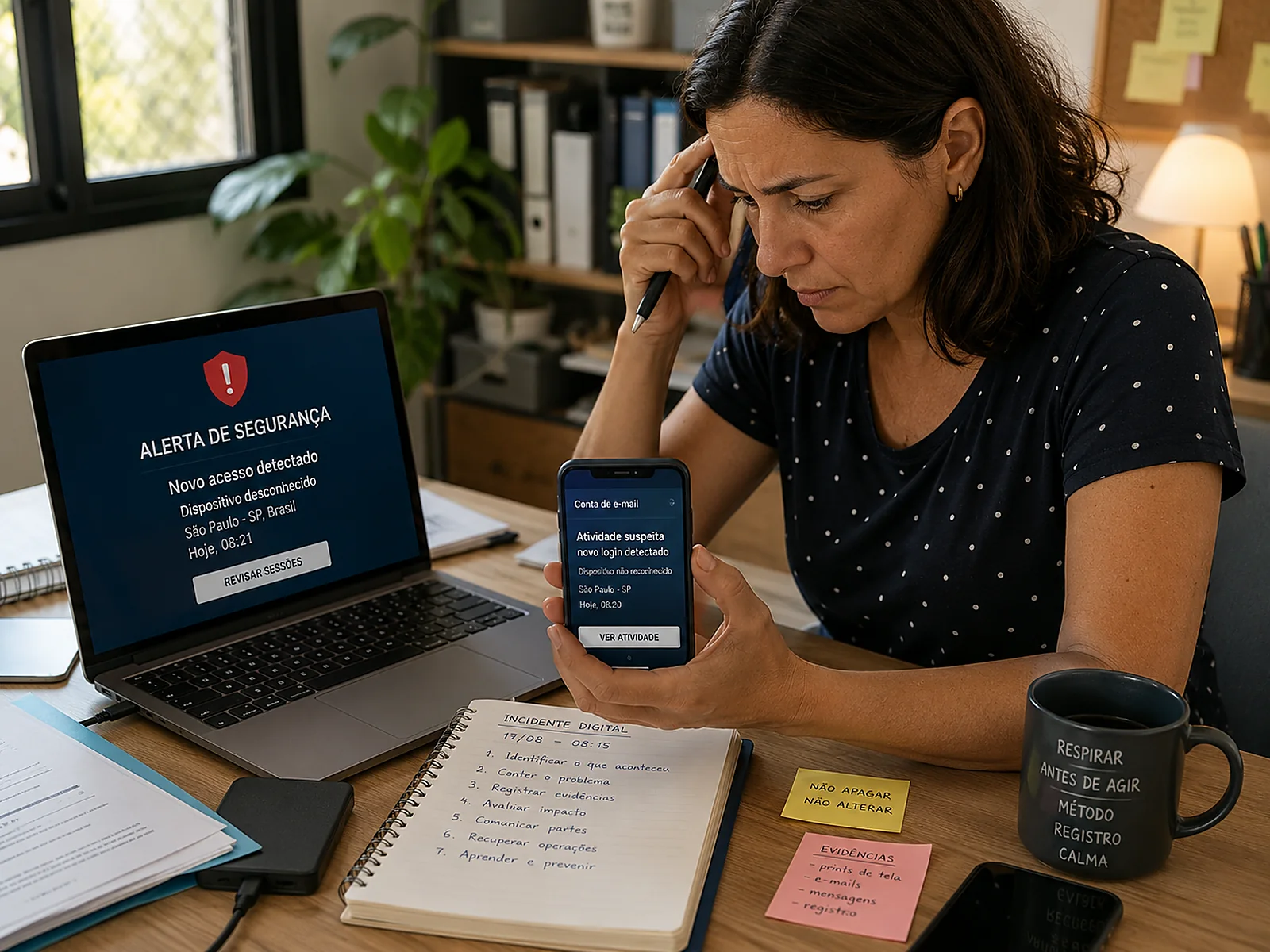 Pequena empresária revisa alertas de segurança no notebook e no celular enquanto organiza anotações sobre um incidente digital