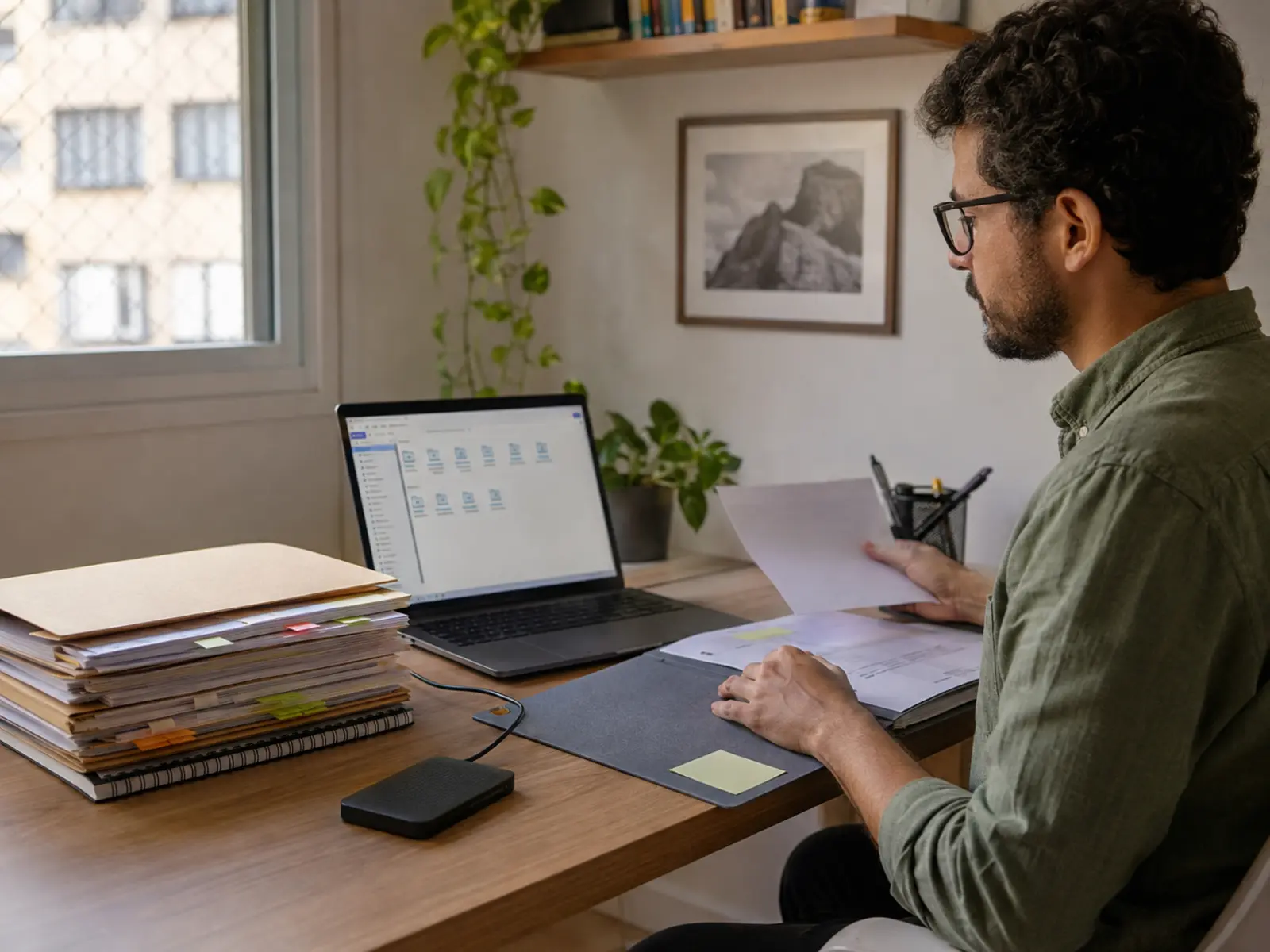Profissional organiza arquivos do negócio entre notebook, documentos físicos e unidade externa enquanto avalia armazenamento em nuvem