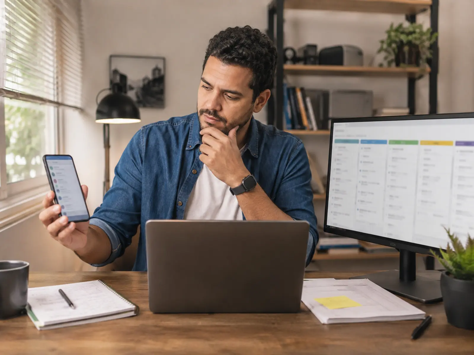 Empreendedor compara no mesmo espaço um celular com mensagens, uma planilha e um painel de CRM antes de decidir como acompanhar clientes
