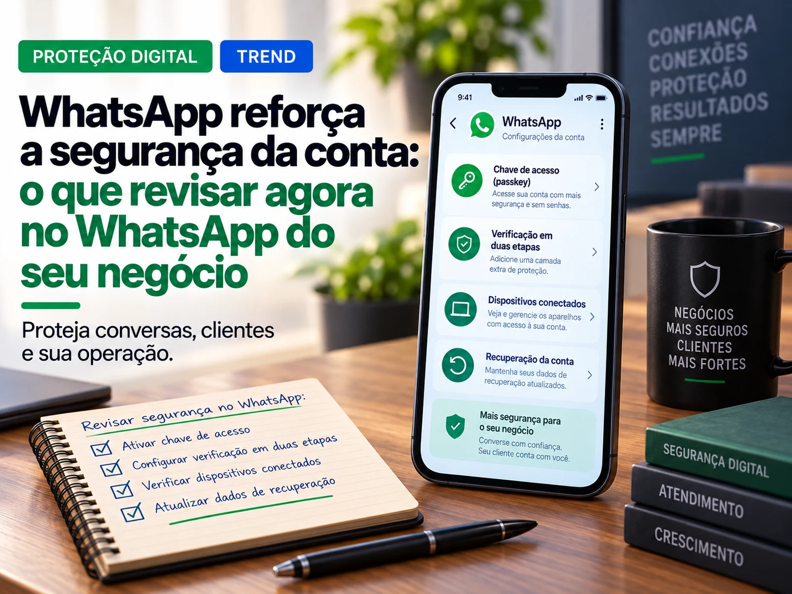 Checklist visual de segurança do WhatsApp do negócio com chave de acesso, verificação em duas etapas e dispositivos conectados