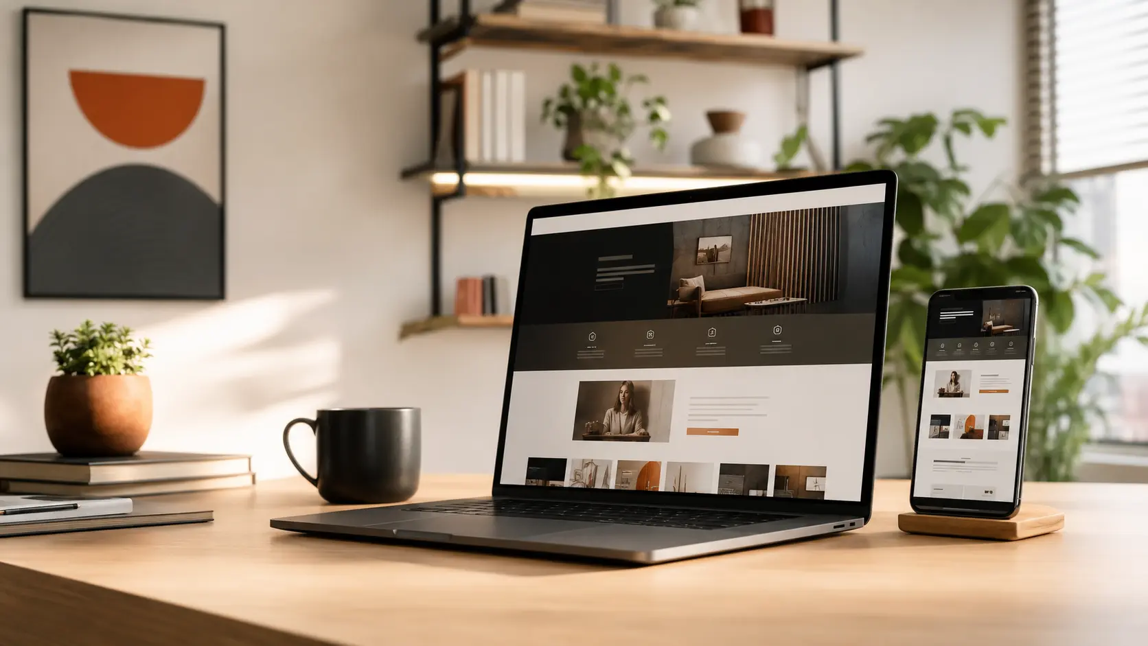 Landing page profissional exibida em notebook sobre uma mesa de trabalho