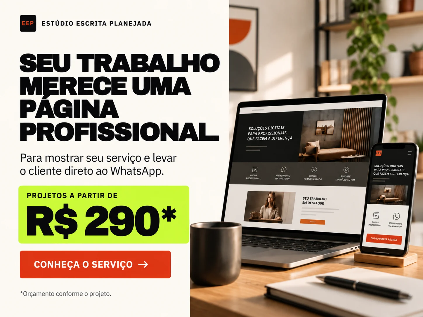 Criação de sites profissionais pelo Estúdio Escrita Planejada, com projetos a partir de R$ 290