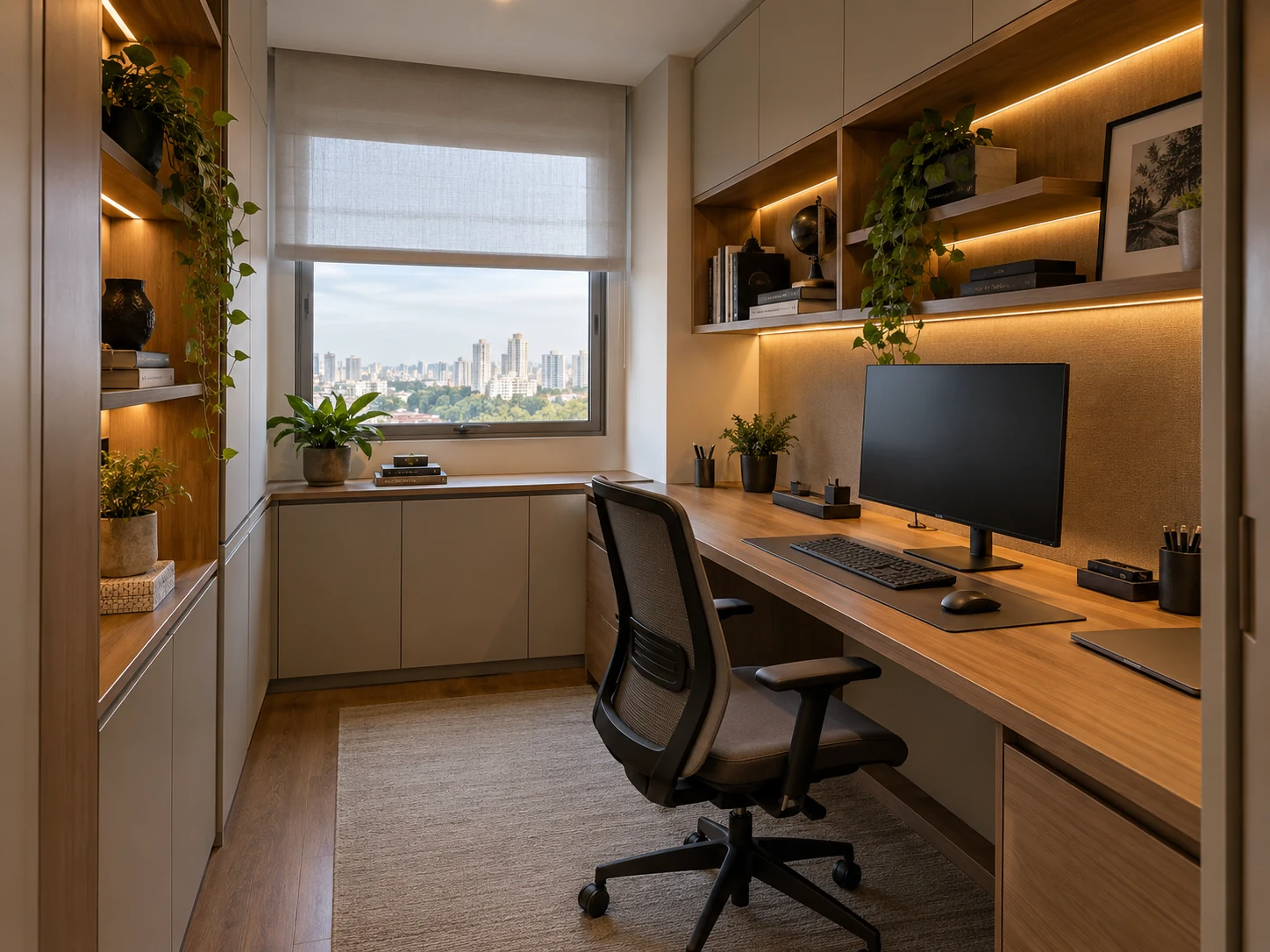 Home office compacto com marcenaria sob medida