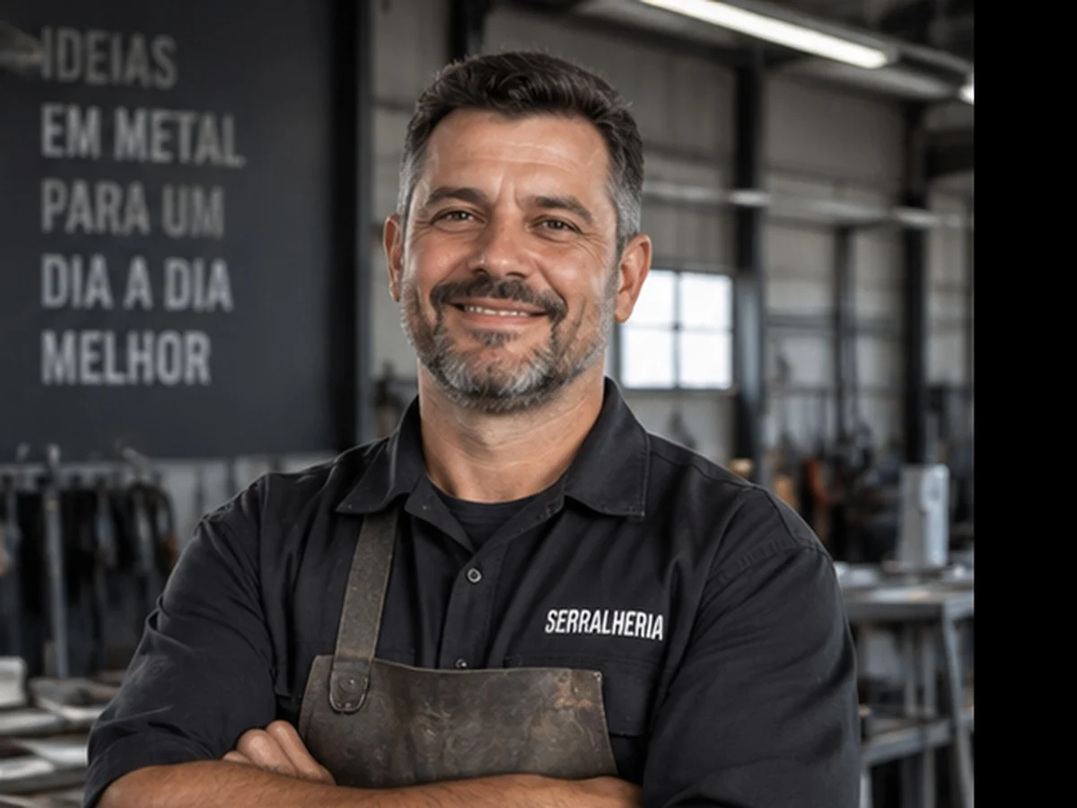 Profissional de serralheria em ambiente de trabalho organizado